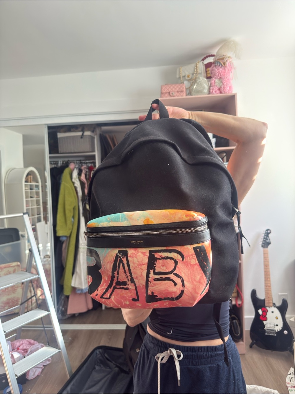 Saint Laurent Black Backpack with Multicolor 'BABY' Front Pouch